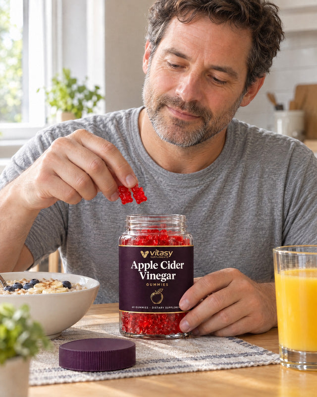 Man taking two gummies from the Vitasy jar at breakfast