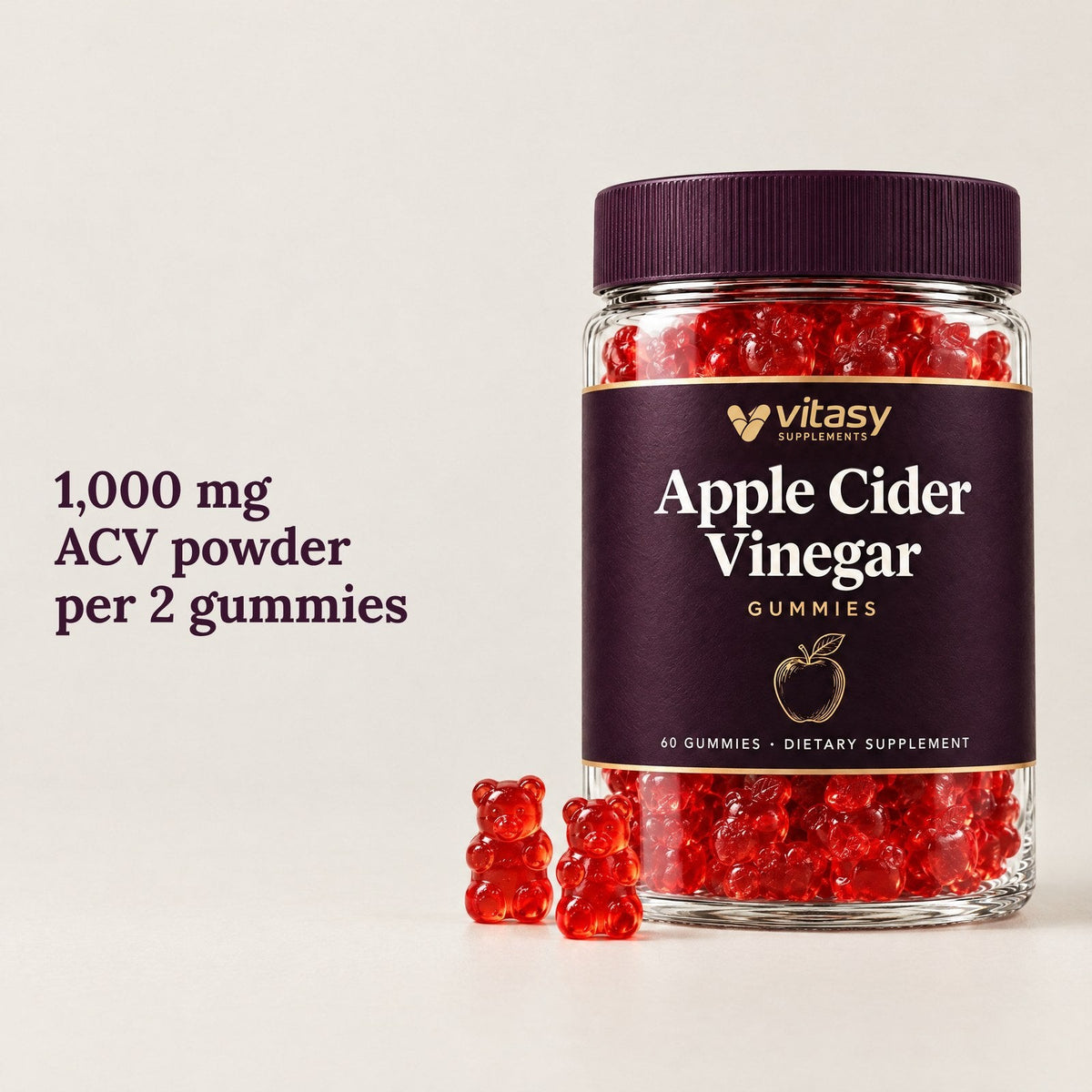 1,000 mg ACV powder per 2 gummies, next to the Vitasy jar