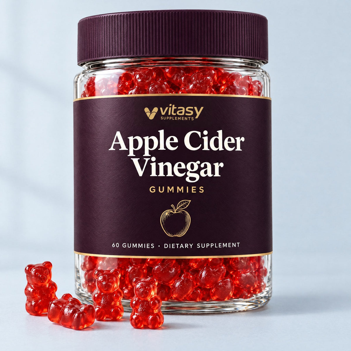 Vitasy Apple Cider Vinegar Gummies jar with red gummy bears