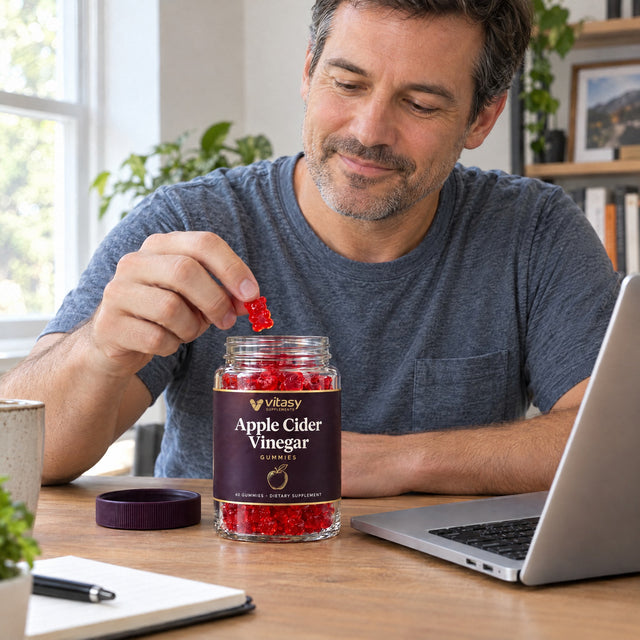 Man at his desk taking a gummy from the Vitasy jar