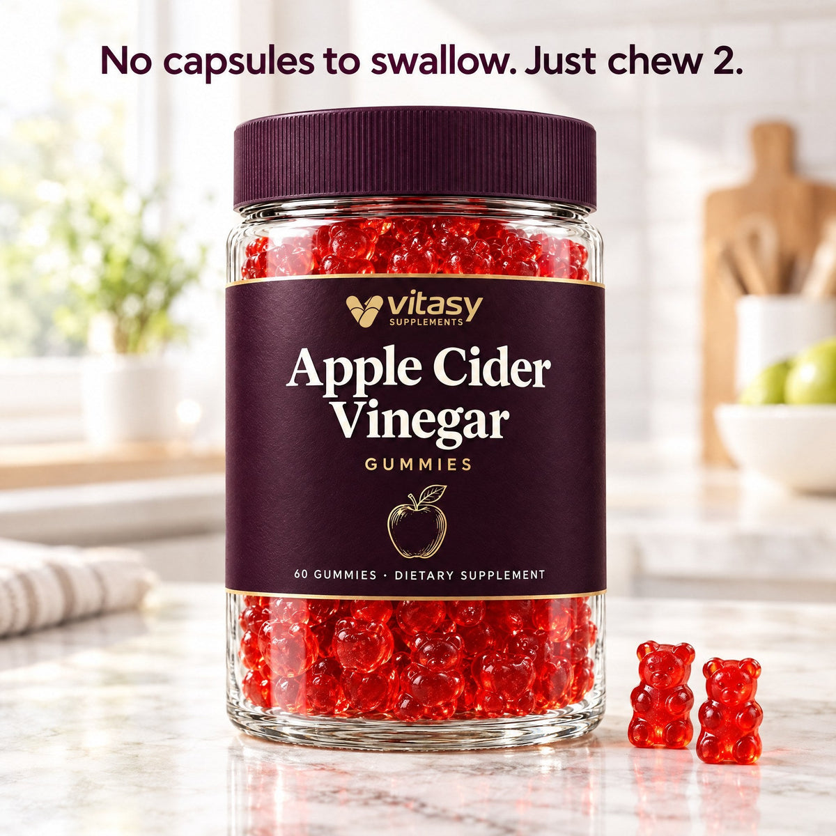No capsules to swallow: chew 2 gummies a day