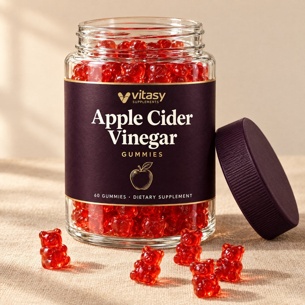 Vitasy Apple Cider Vinegar Gummies jar with red gummy bears