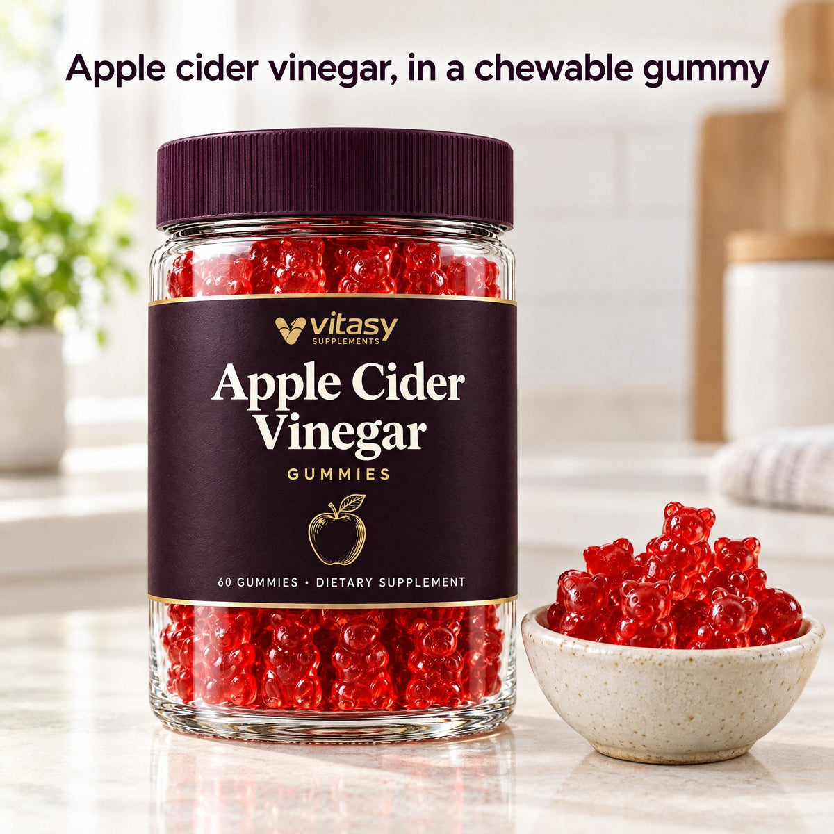 The Vitasy jar with red gummy bears: apple cider vinegar, in a chewable gummy