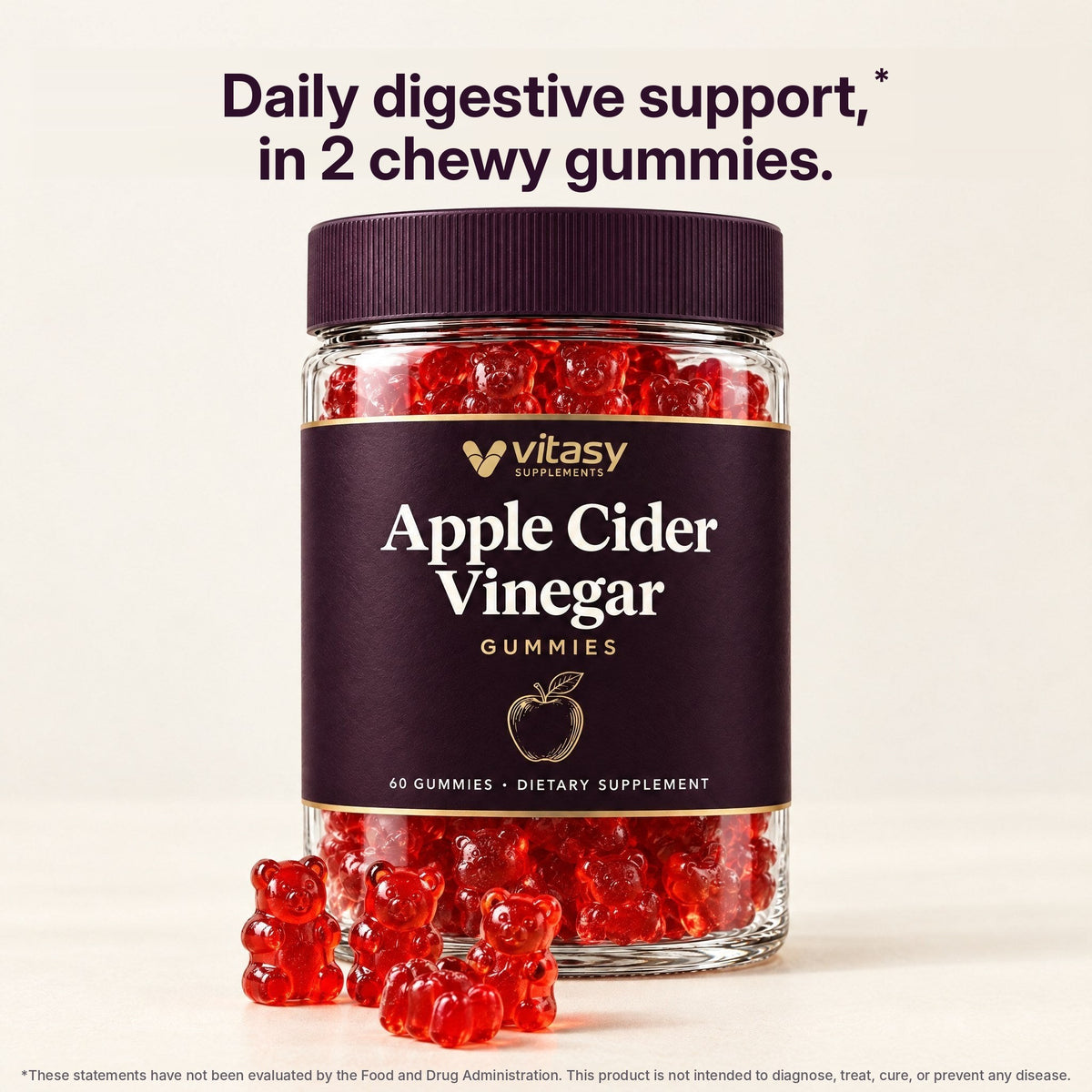 The Vitasy ACV jar with red gummy bears: daily digestive support in 2 chewy gummies