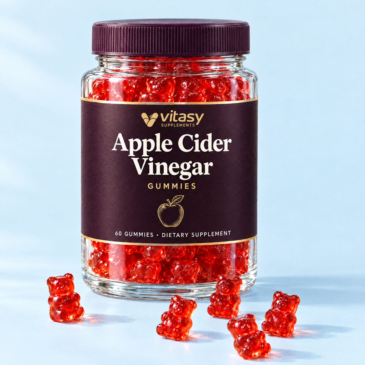 Vitasy Apple Cider Vinegar Gummies jar with red gummy bears
