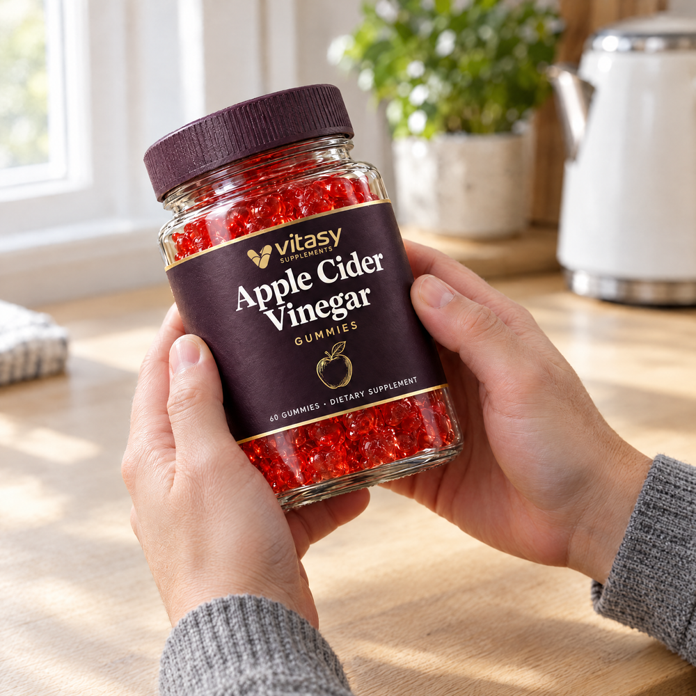 Hands holding a jar of Vitasy Apple Cider Vinegar Gummies at a kitchen counter