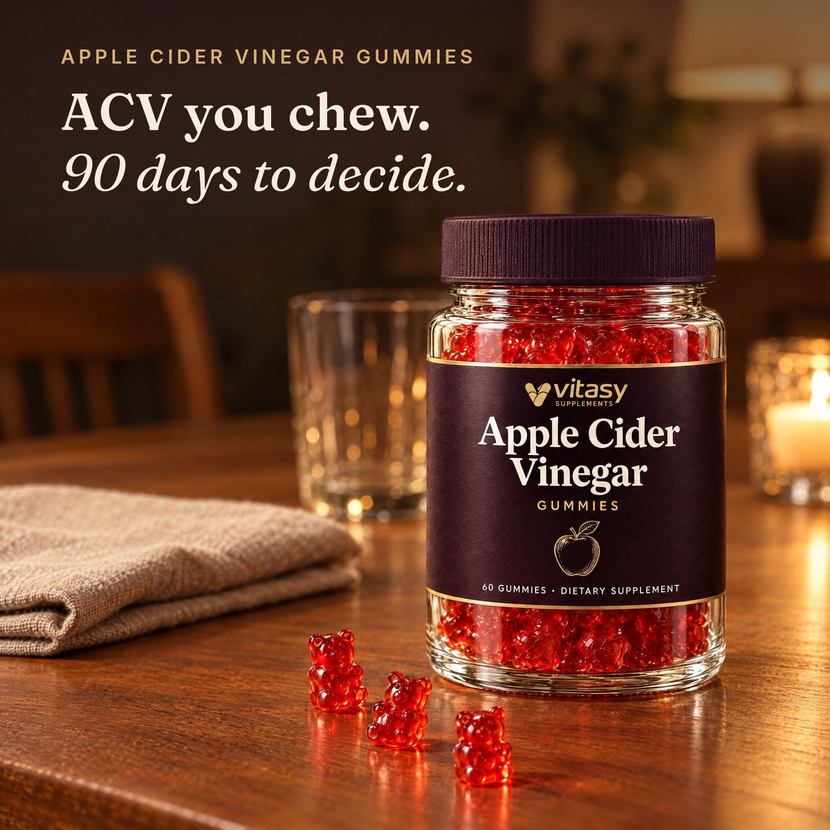 The Vitasy jar on a table after dinner: ACV you chew, 90 days to decide