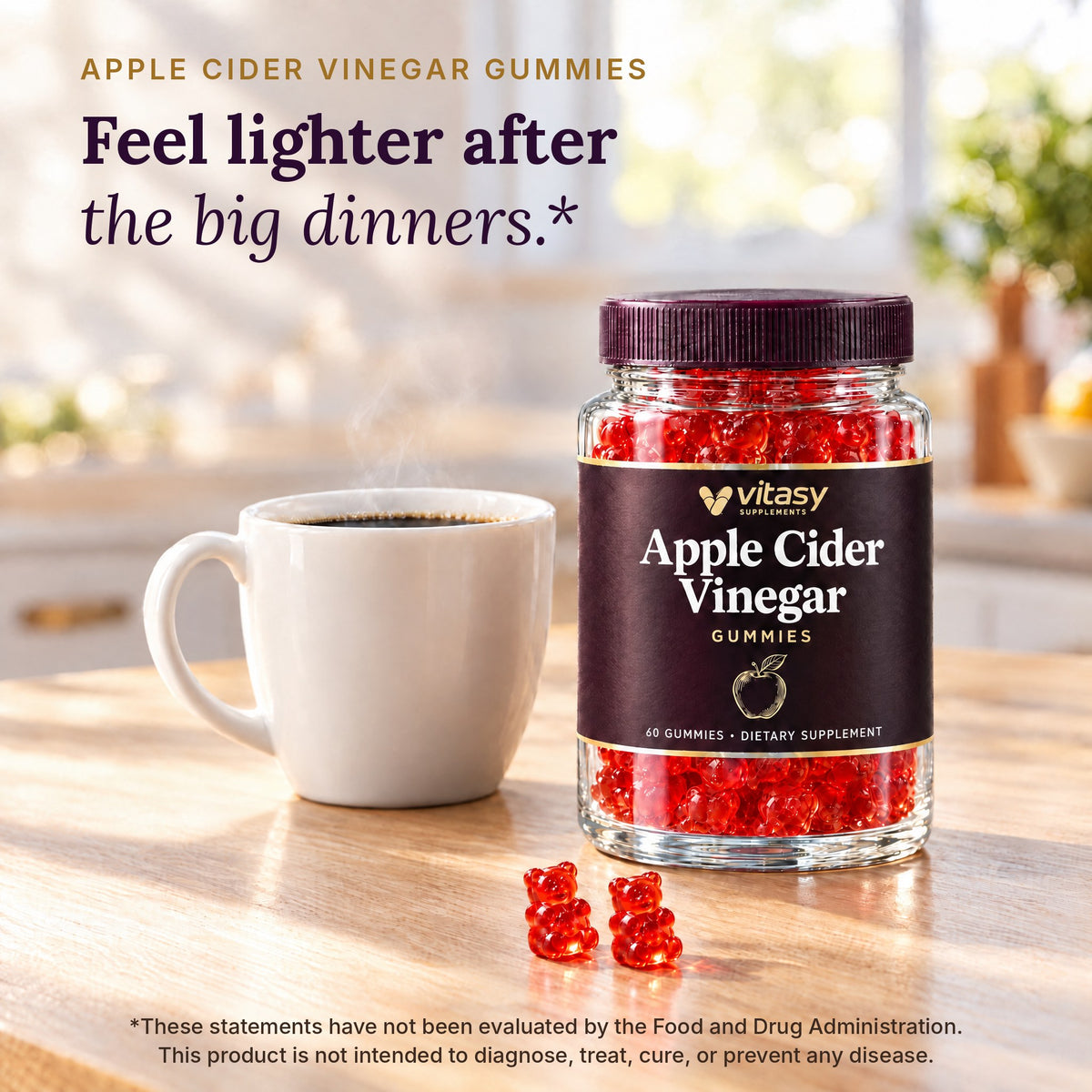 The Vitasy ACV jar next to a morning coffee: feel lighter after the big dinners