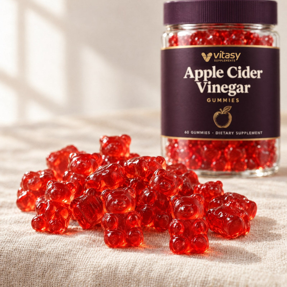 Close-up of red Vitasy apple cider vinegar gummy bears