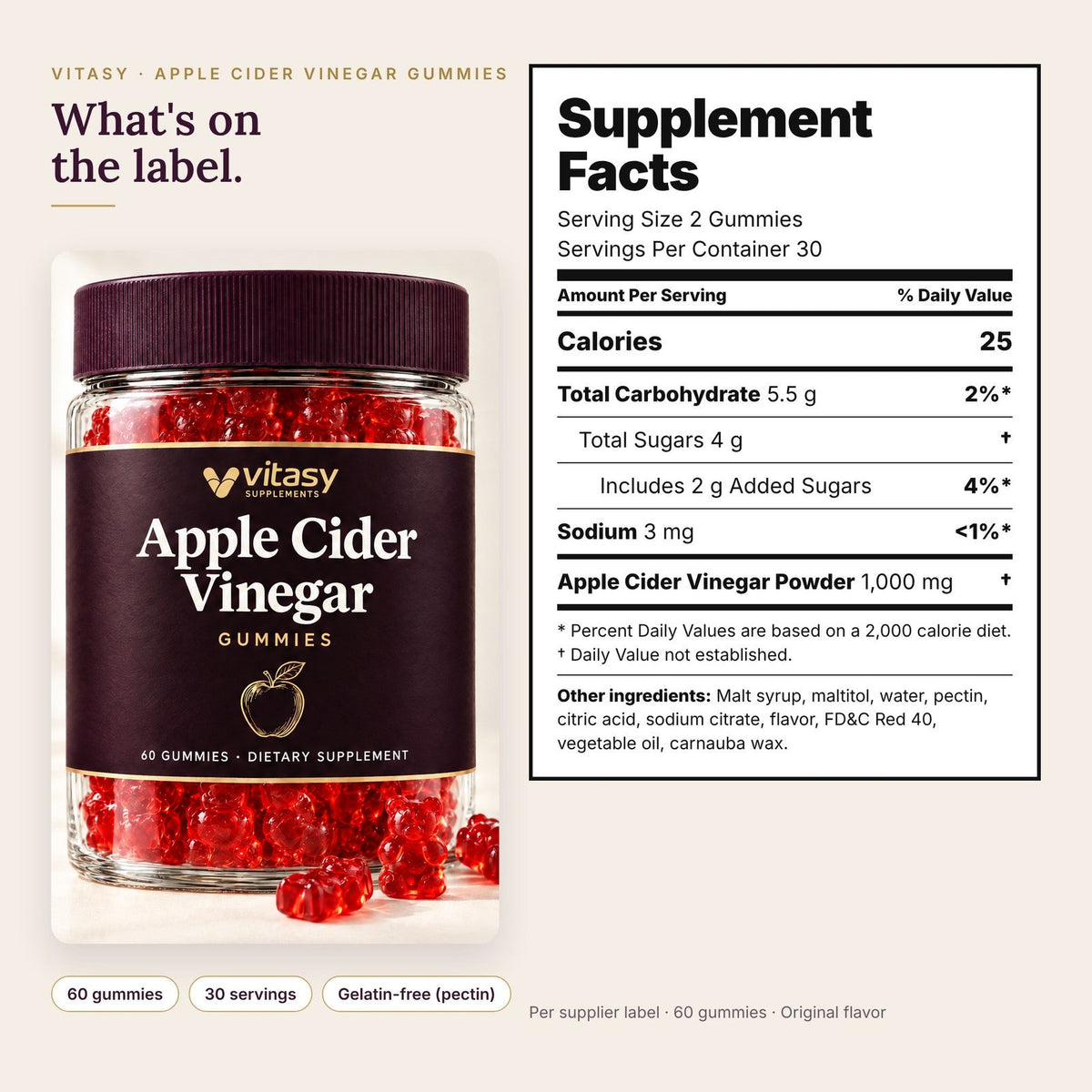 Supplement Facts per 2 gummies: 1,000 mg apple cider vinegar powder