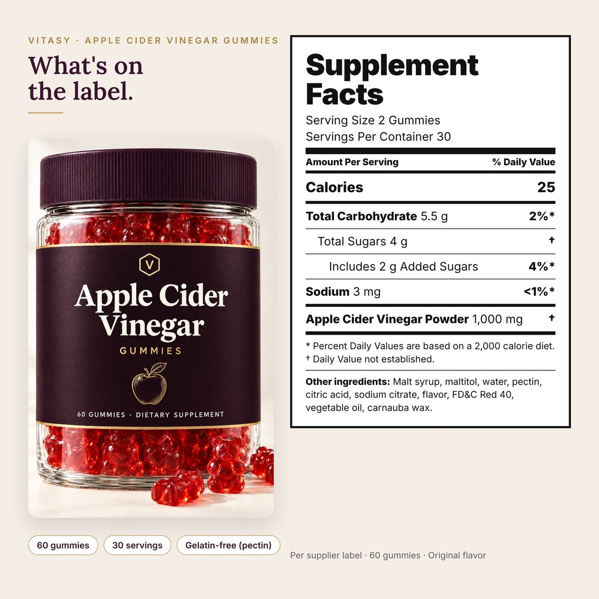 Supplement Facts per 2 gummies: 1,000 mg apple cider vinegar powder