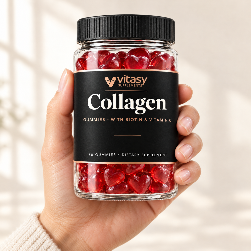 Hand with natural nails holding a jar of Vitasy Collagen Gummies with biotin and vitamin C, ruby-red gummy hearts inside