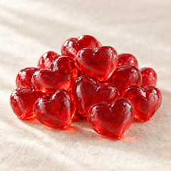 Close-up of ruby-red Vitasy raspberry heart gummies