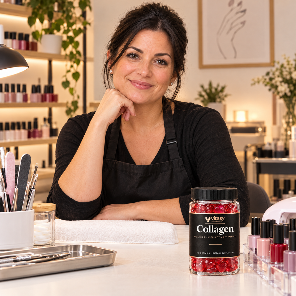 Nail stylist at her manicure table with the Vitasy jar