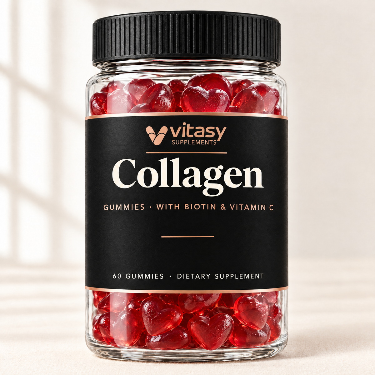 Vitasy Collagen Gummies jar with biotin and vitamin C, ruby-red heart-shaped gummies