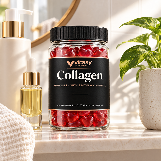 Vitasy jar on a bathroom shelf next to skincare bottles