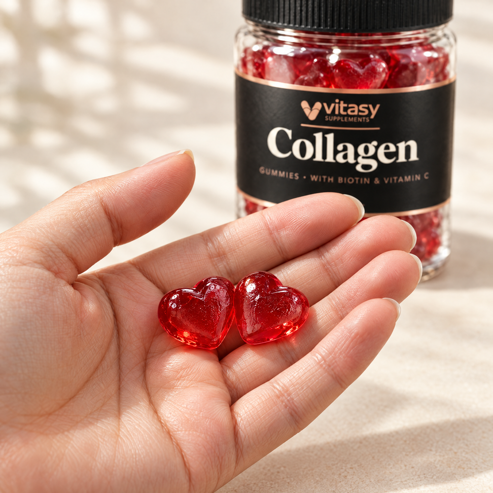 Two ruby-red Vitasy heart gummies in an open hand, the jar behind them