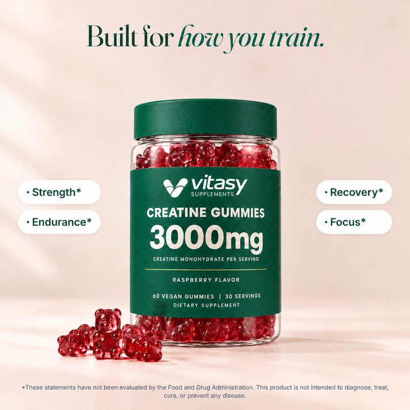 Built for how you train: Vitasy Creatine Gummies jar with red gummy bears