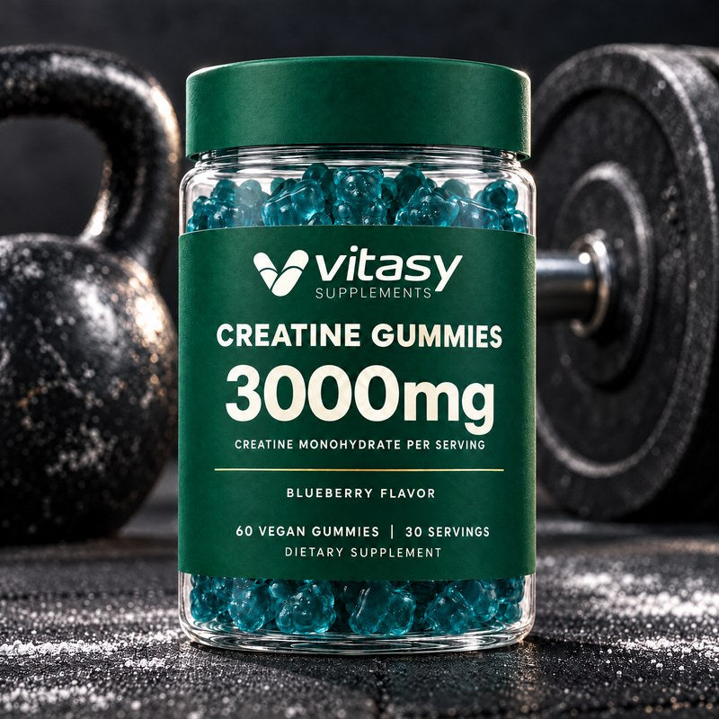 Vitasy Creatine Gummies jar on a gym floor with a kettlebell and a weight plate