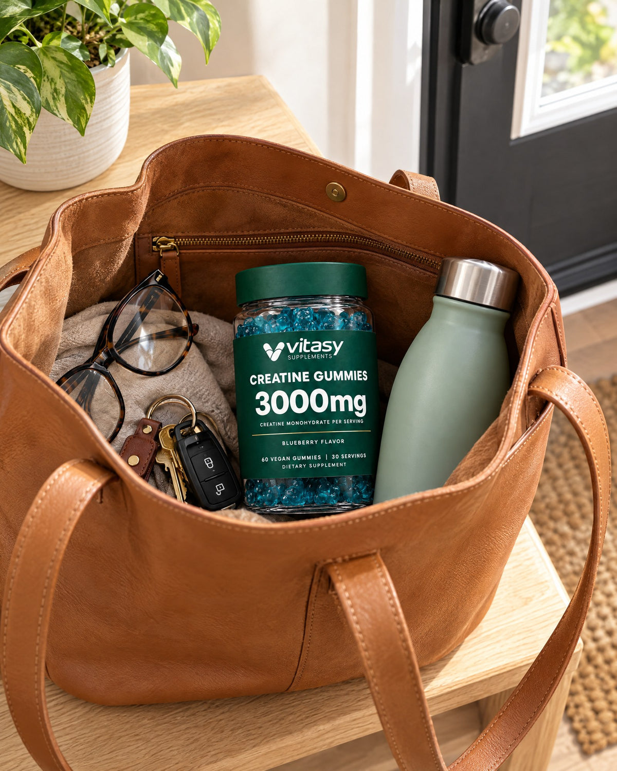 The Vitasy jar in a tote bag next to reading glasses and keys