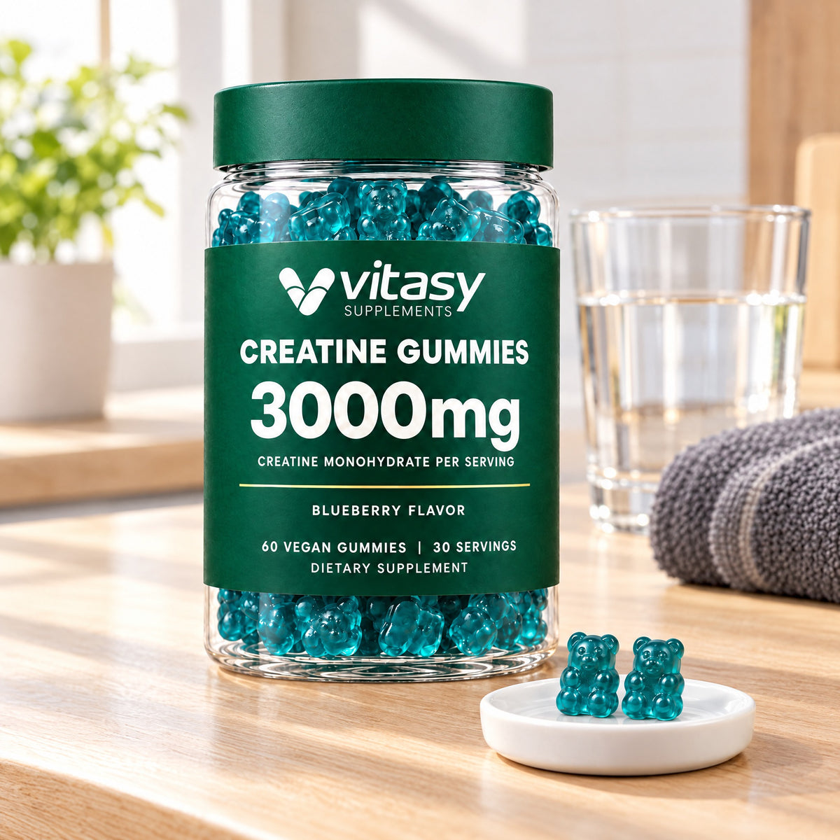 Vitasy Creatine Gummies jar, Blueberry flavor, with two gummies on a small dish: one daily serving
