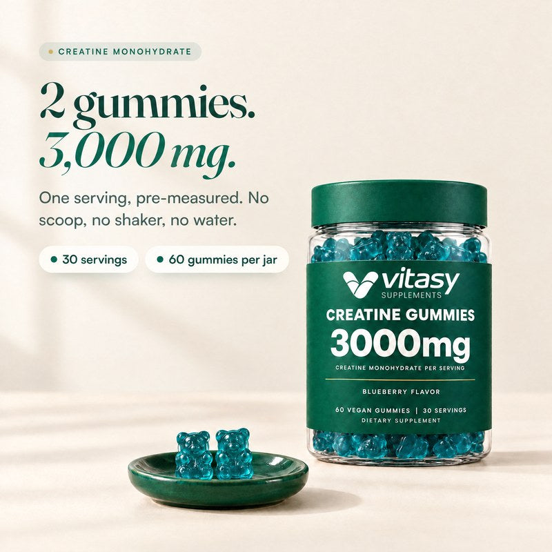 2 gummies, 3,000 mg creatine monohydrate. One serving, pre-measured: no scoop, no shaker, no water
