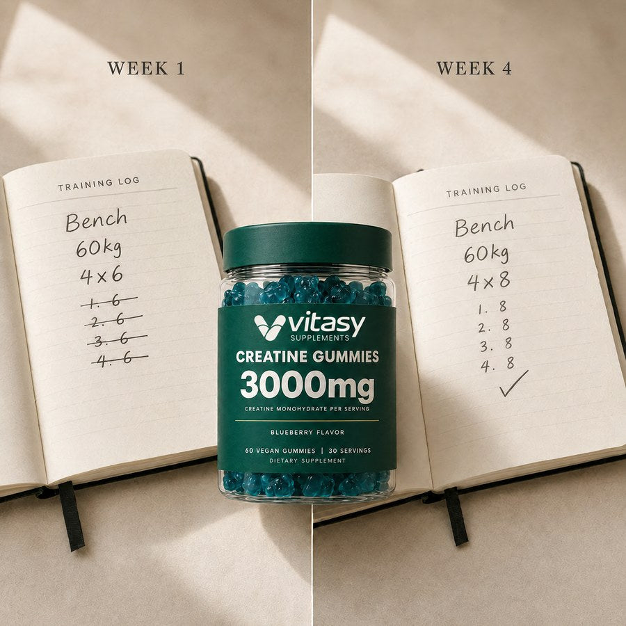 Two training logs next to the Vitasy Creatine Gummies jar