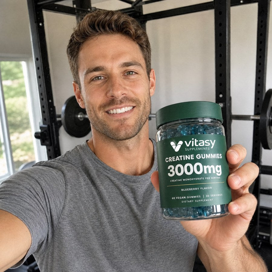 Man in a home gym holding a jar of Vitasy Creatine Gummies