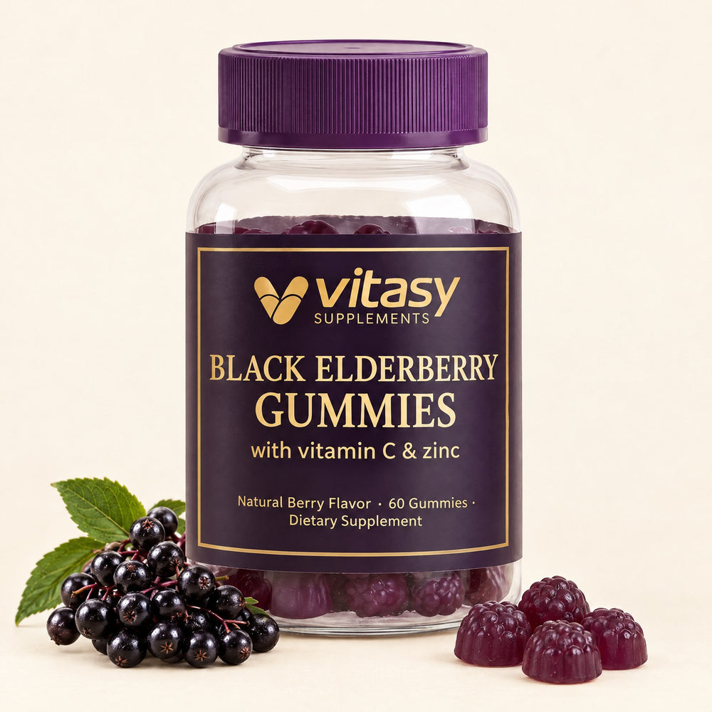 Vitasy Black Elderberry Gummies jar with dark purple gummies and a sprig of black elderberries