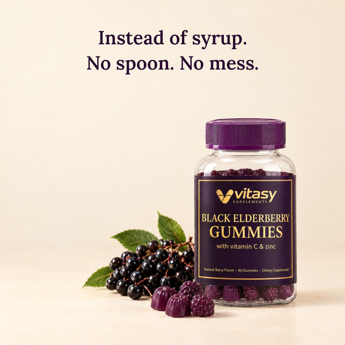 Elderberry gummies instead of syrup: no spoon, no mess. The Vitasy jar with black elderberries and gummies