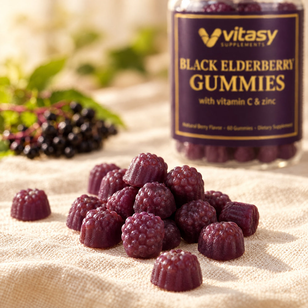 Close-up of dark purple Vitasy elderberry gummies