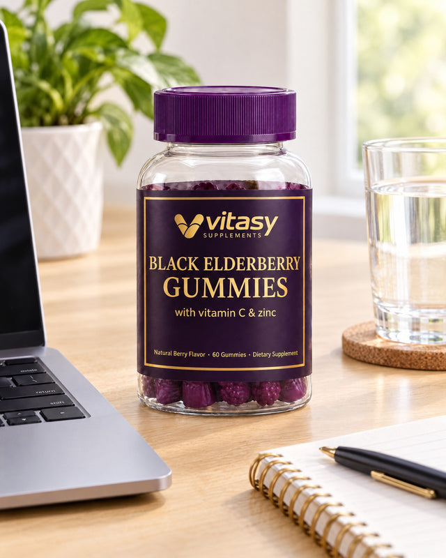 The Vitasy elderberry jar on a home-office desk next to a laptop