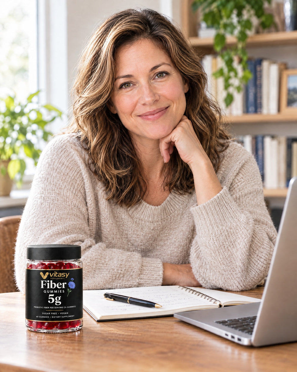 Wellness writer at her desk with the Vitasy jar