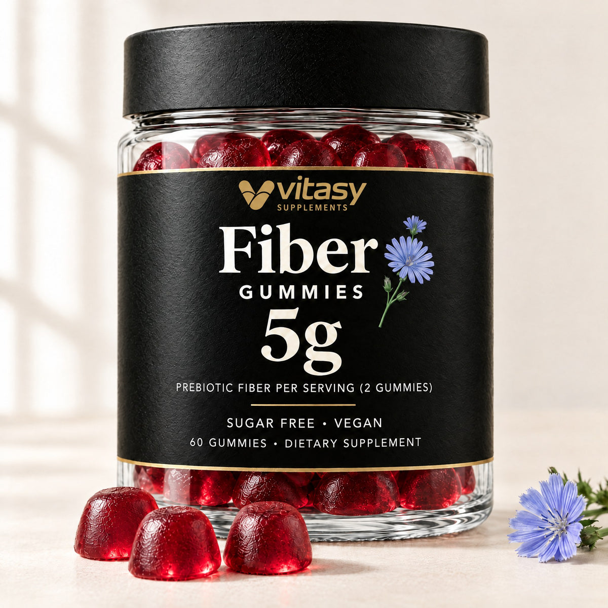 Prebiotic Fiber Gummies with Chicory Root - 5g Fiber in Just 2 Gummies, Sugar Free, Vegan, Gelatin-Free, 60 Count