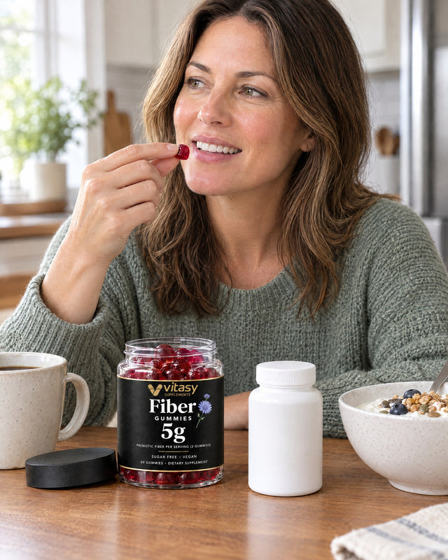 Woman at breakfast with the Vitasy jar next to her probiotic