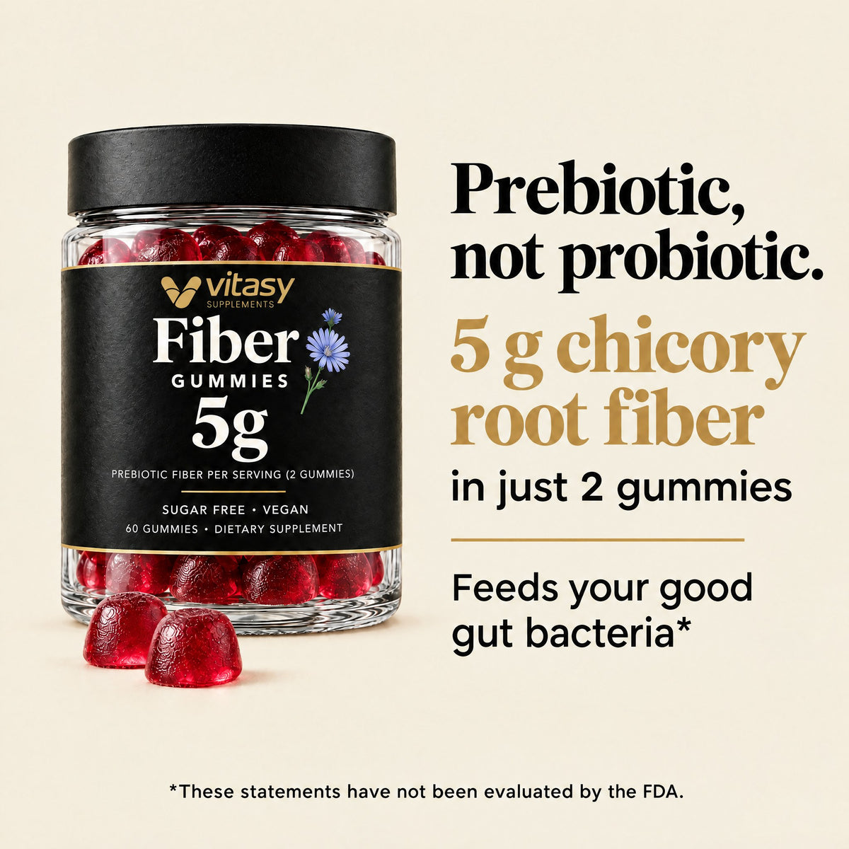 Prebiotic, not probiotic: 5 g chicory root fiber in 2 gummies
