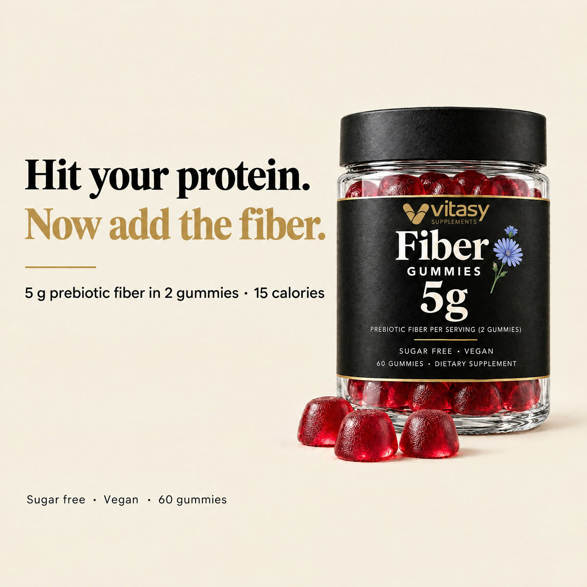 Fiber Gummies for High-Protein Diets - 5g Prebiotic Fiber in 2 Gummies, 15 Calories, Sugar Free, Vegan, 60 Count