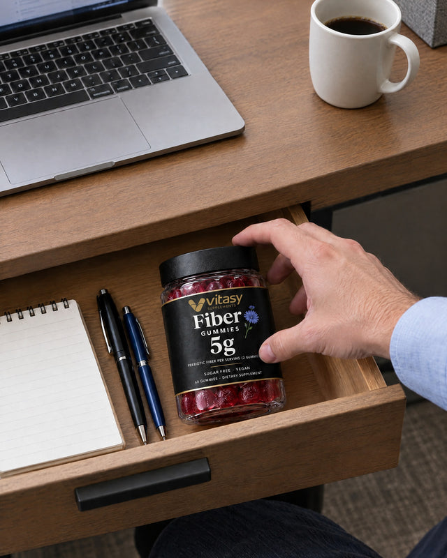 Hand putting the Vitasy jar in an office desk drawer