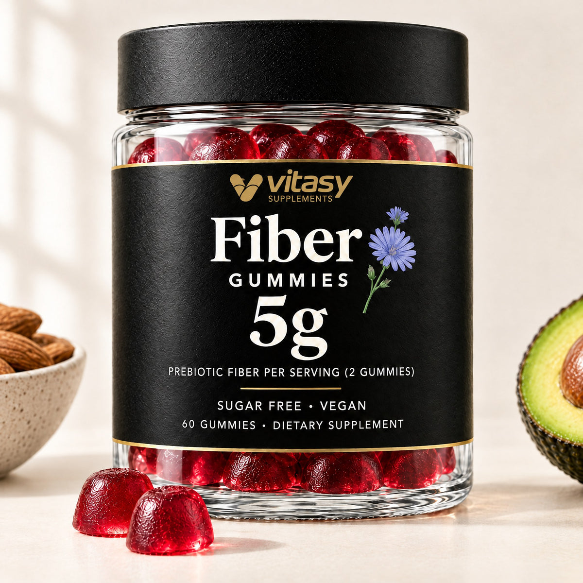 Keto Fiber Gummies - 1g Net Carb, 5g Fiber per 2 Gummies, No Sugar Alcohols, No Artificial Sweeteners, Vegan, 60 Count