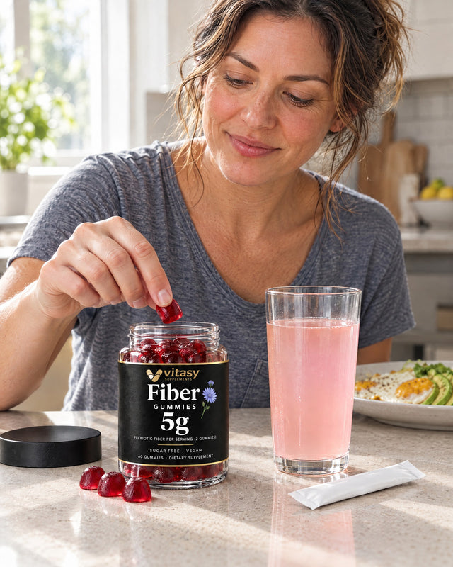 Woman taking fiber gummies next to her morning electrolyte drink