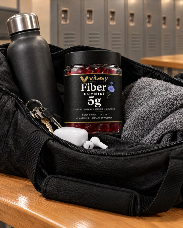 Jar of fiber gummies in a gym bag on a locker-room bench