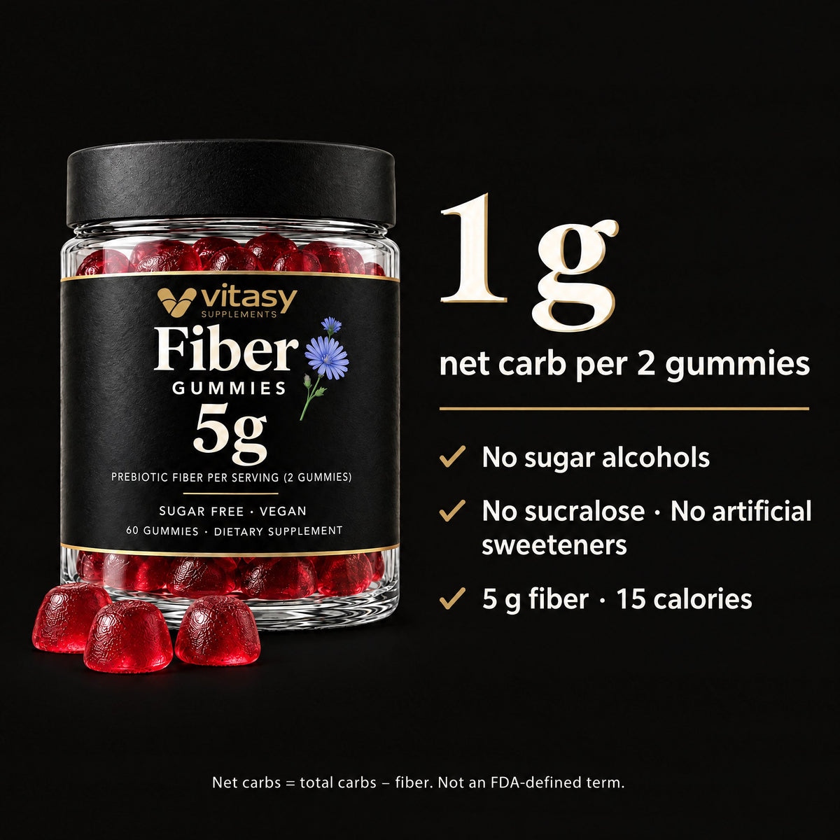 Keto Fiber Gummies - 1g Net Carb, 5g Fiber per 2 Gummies, No Sugar Alcohols, No Artificial Sweeteners, Vegan, 60 Count