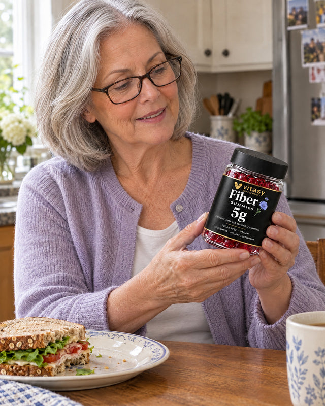 Woman at her kitchen table holding the Vitasy jar, a sandwich on her plate