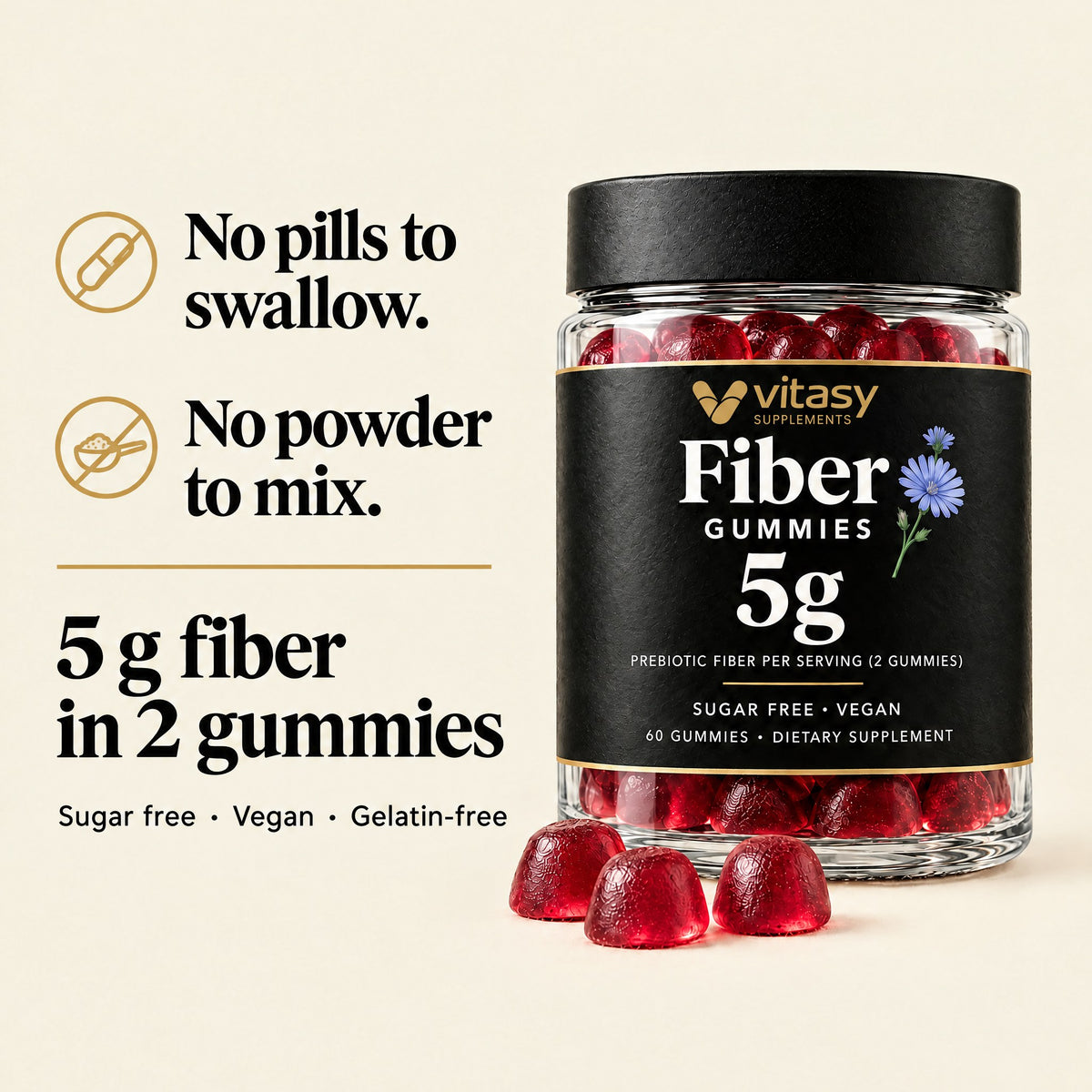 Fiber Gummies for Adults 50+ - No Pills to Swallow, No Powder to Mix, 5g Fiber in 2 Gummies, Sugar Free, Vegan, 60 Count
