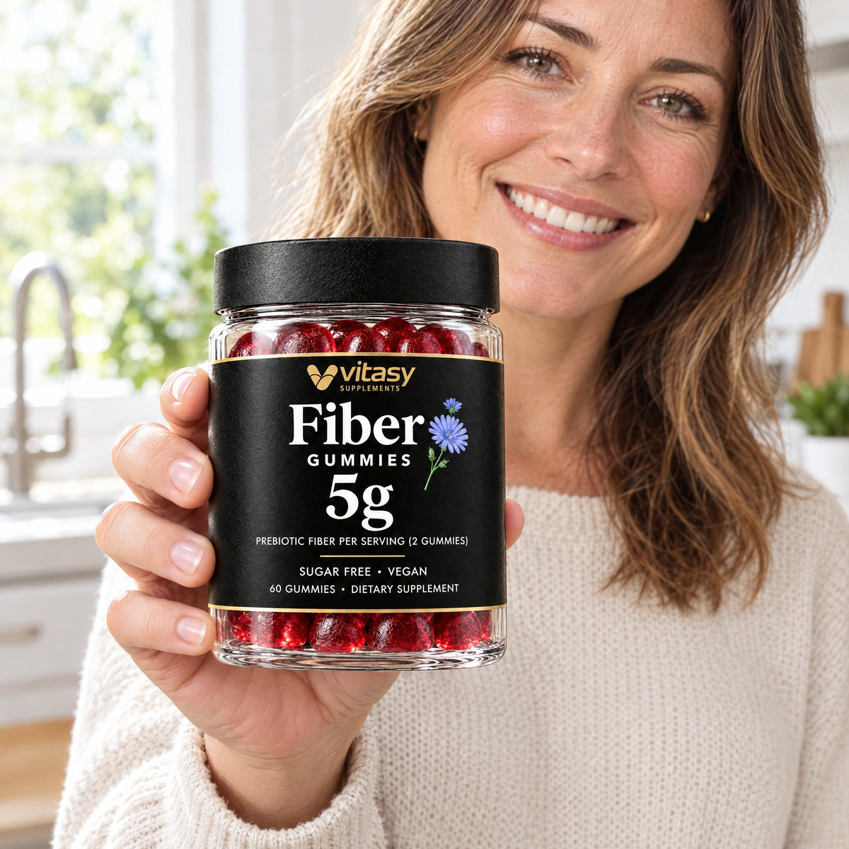 Woman holding a jar of Vitasy Fiber Gummies, 5 g prebiotic chicory root fiber per serving, in a bright kitchen