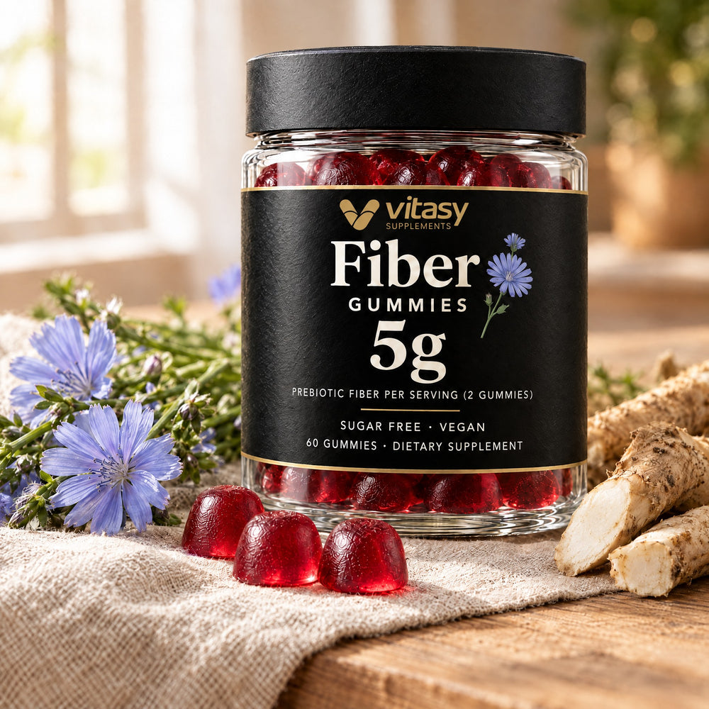 Vitasy Fiber Gummies jar with fresh chicory flowers and chicory root
