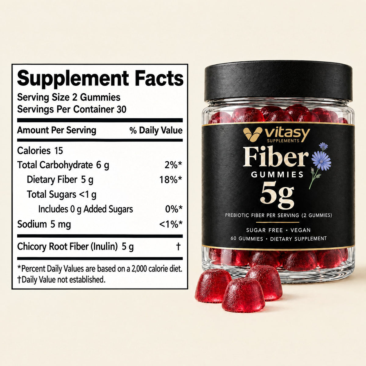 Prebiotic Fiber Gummies with Chicory Root - 5g Fiber in Just 2 Gummies, Sugar Free, Vegan, Gelatin-Free, 60 Count