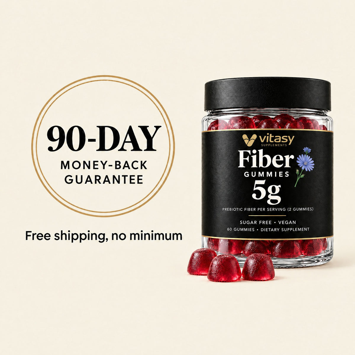 Prebiotic Fiber Gummies with Chicory Root - 5g Fiber in Just 2 Gummies, Sugar Free, Vegan, Gelatin-Free, 60 Count