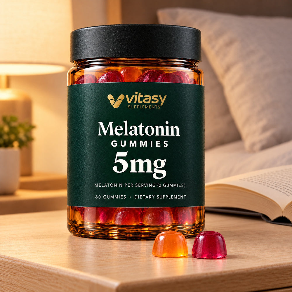 Vitasy Melatonin Gummies jar, 5 mg per serving, on a wooden nightstand with two gummies, a lamp and a book