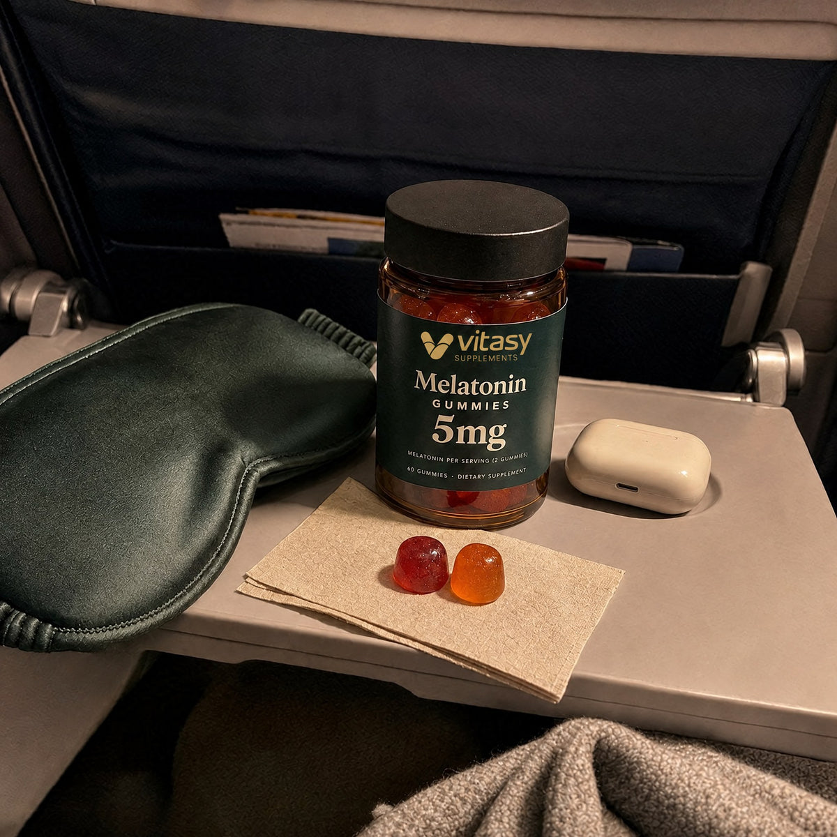 Vitasy Melatonin Gummies jar on an airplane tray table with an eye mask and two gummies at night